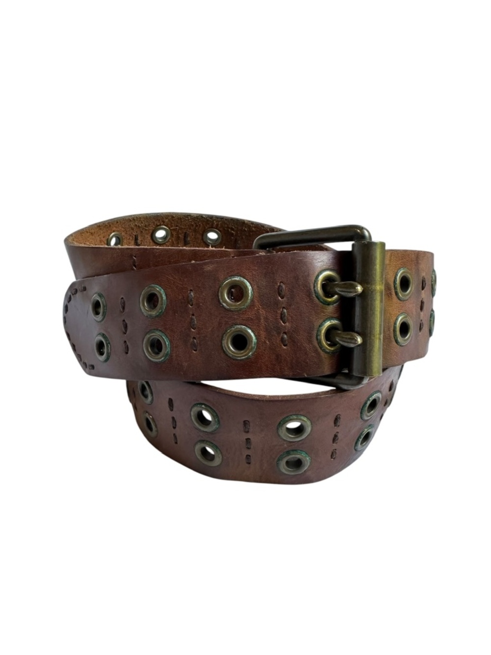 Vintage Brown Leather Double Hole Eyelet Grommet Western Boho Adjustable Belt